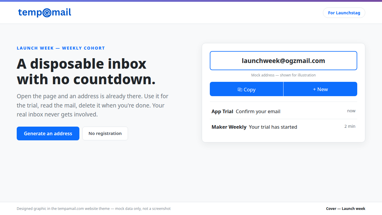 Temp Email — a disposable inbox with no countdown attached preview